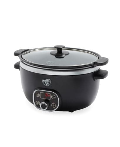 GreenLife 6QT Slow Cooker, Non-Toxic PFAS-Free Ceramic Nonstick Removable Interior Bowl, Programmable, Family Friendly, Keep Warm, Stovetop & Oven Safe, Dishwasher Safe Parts, Timer, Glass Lid, Black