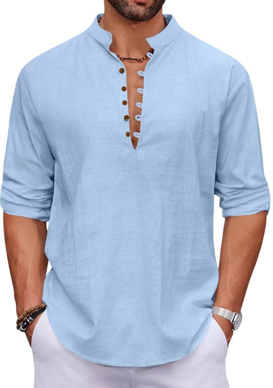 Macsivo Men's Stylish Mandarin Collar Kurta | Casual Ethnic Fusion Shirt for Daily, Party & Travel | Full Sleeves | Cotton Blend Comfort Fit Short Kurta Sky