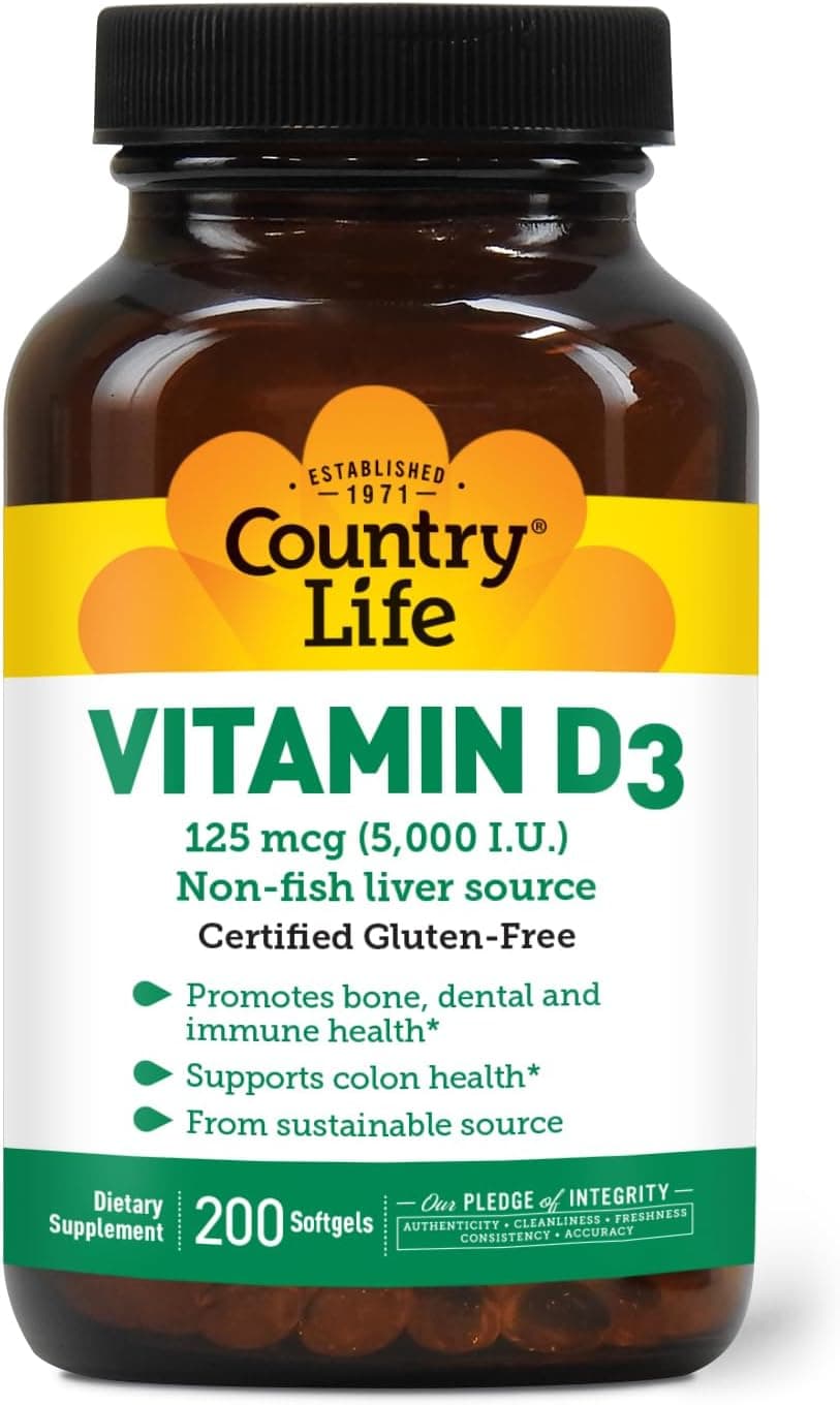 Country Life Vitamin D3 5000 IU for Immune and Bone Health Calcium Absorption and Colon Health Sustainable Source from Lanolin Available in Various Strengths