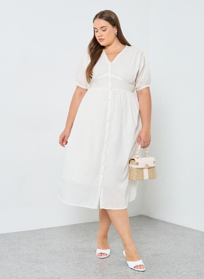 Plus Size Cotton Midi Dress With Puff Sleeves