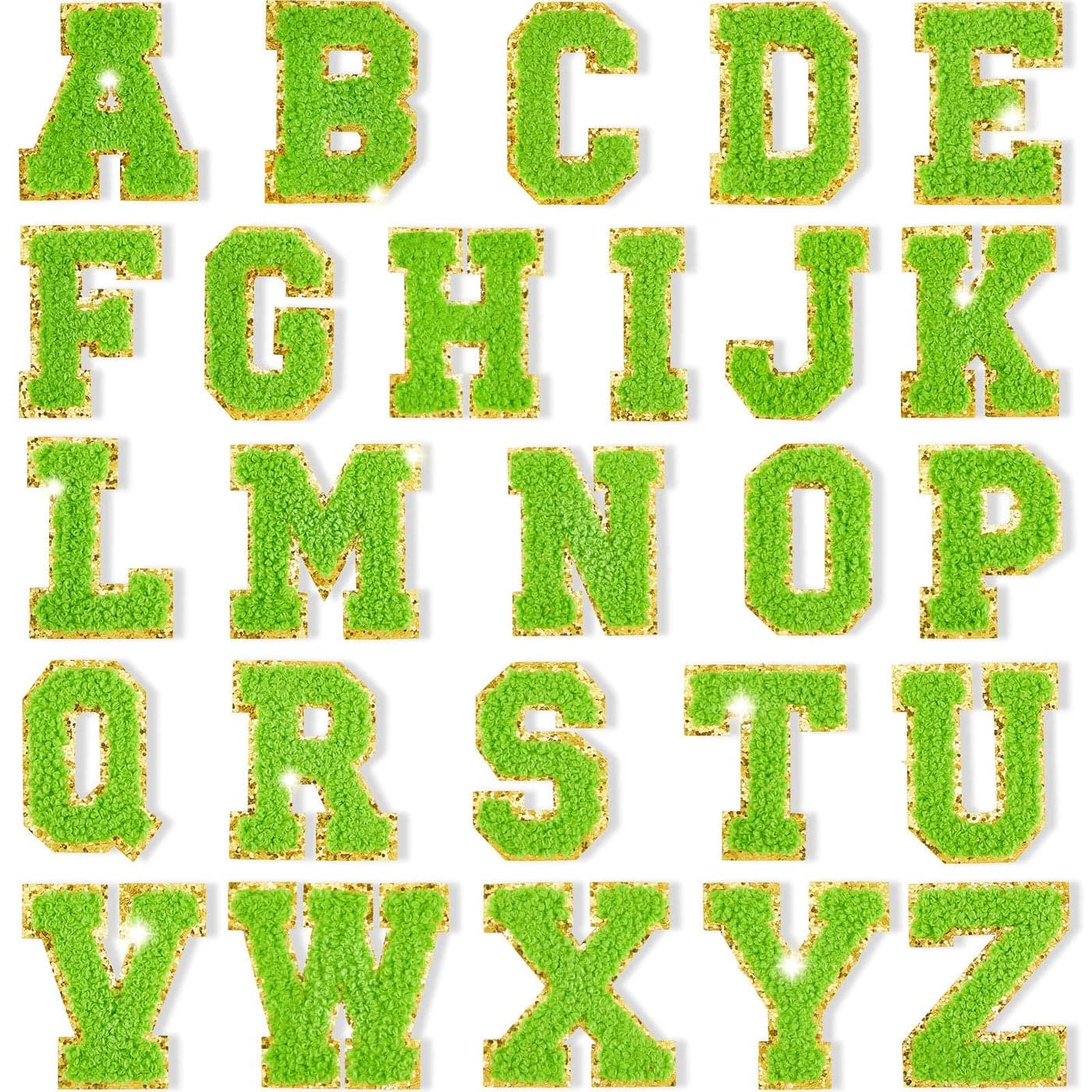 26 Pieces Glitters Patches Iron on Letters Chenille AZ Patches Decorative Repair Embroidered Personalized Sew on for Clothing Repairing Hats Shirts Shoes Jeans BagsGold Green
