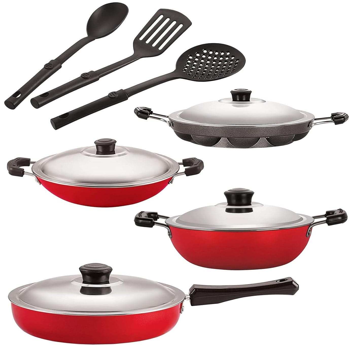 Nirlon Nonstick Coated Aluminium 7 Pcs Set of Deep Kadhai-24cm,Appam-12 Cavity,AppaChatti-22.5cm,Fry Pan-24cm & 3 Spoon (2.6mm_DKD(B)_AP(12)_AC_FP12_3SPN)