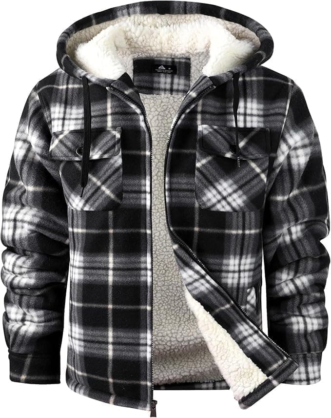 SCODI Mens Flannel Shirt Jacket Fleece Sherpa Lined Plaid Jackets Coat Full Zip Up Hoodie Winter Outwear Black White Large