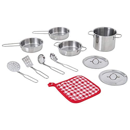 Teamson Kids - Little Chef Frankfurt Kitchen Pretend Play Stainless Steel Cooking Utensils Accessories Set Toys with Cookware Pots and Pans for Kids Boys Toddler and Girls - 11 pcs