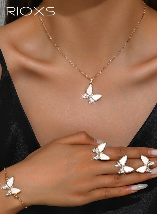 5Pcs Butterfly Earring Necklace Bracelet Ring Set - Gold Plated Dainty Butterfly Jewelry Set with Cubic Zirconia, Birthday Presents for Women Girls