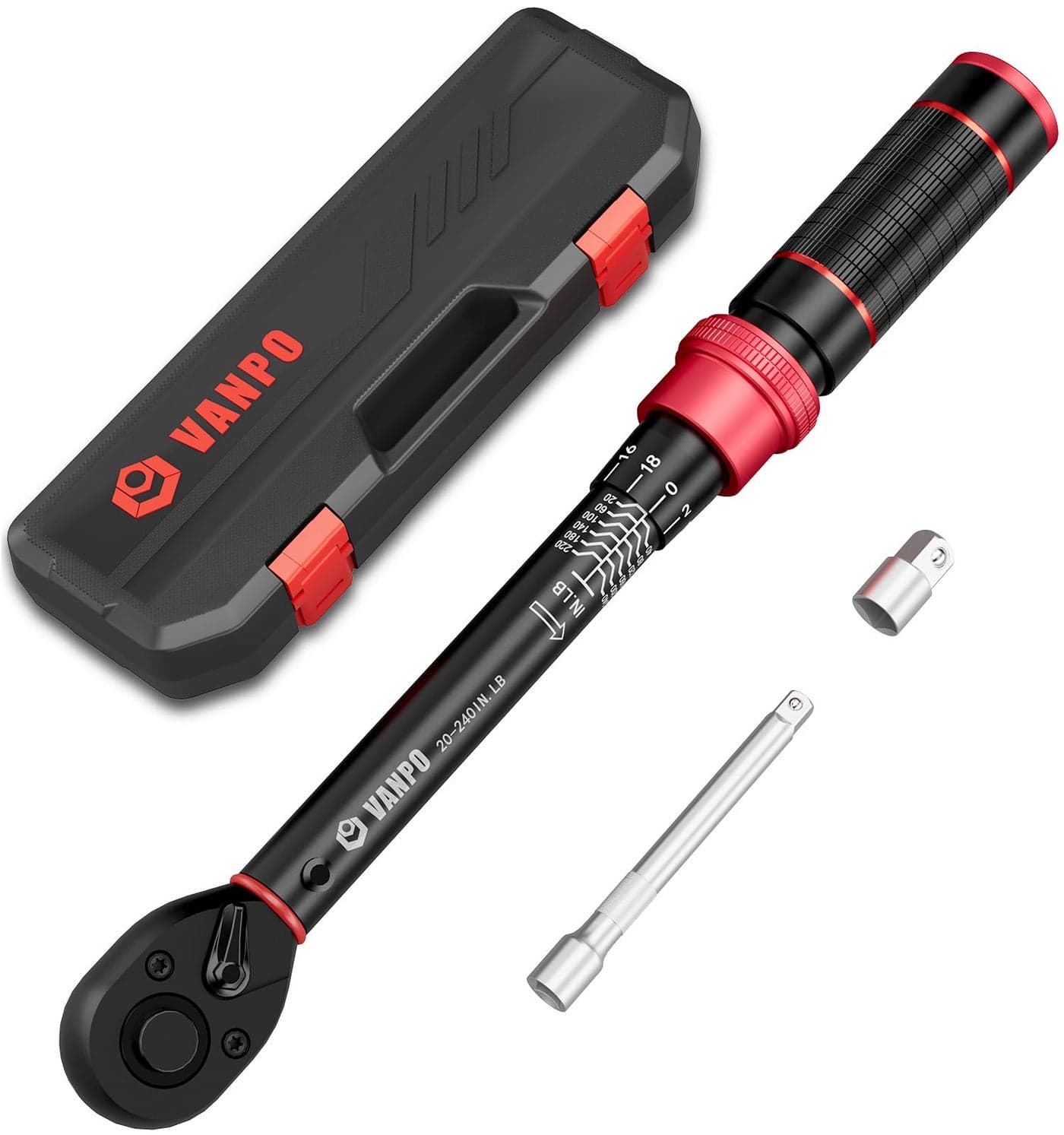 VANPO 1/4-inch Drive Click Torque Wrench, 20-240 in. lb/2.3-27.1 Nm, Inch Pound Torque Wrench Set with 1/4" to 3/8" Adapter, 10cm Extension Bar, Small Bike Torque Wrench for MTB, Bicycle Maintenance
