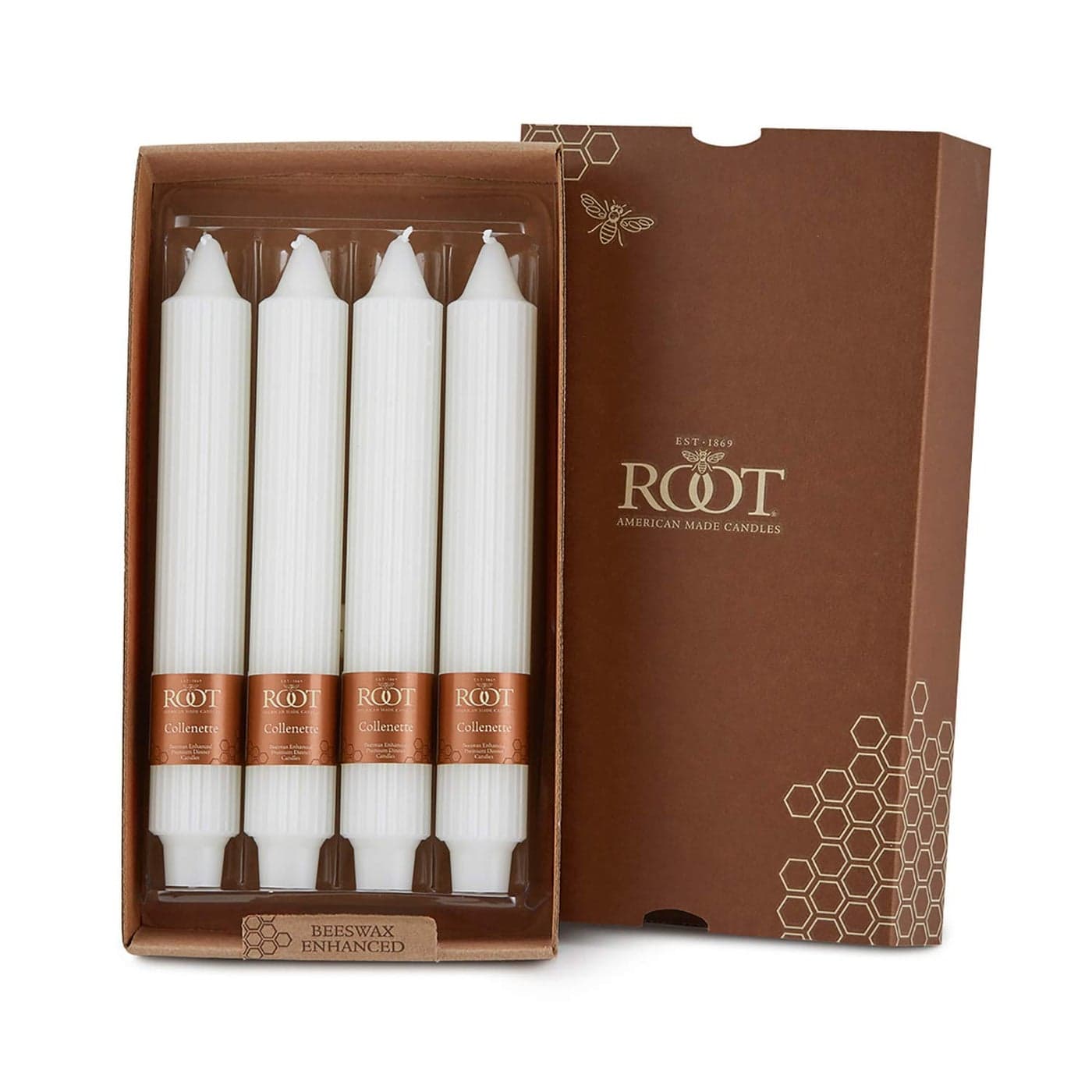 Root Unscented Grecian Collenettes Dinner Candles 9Inch Tall Box of 4 White