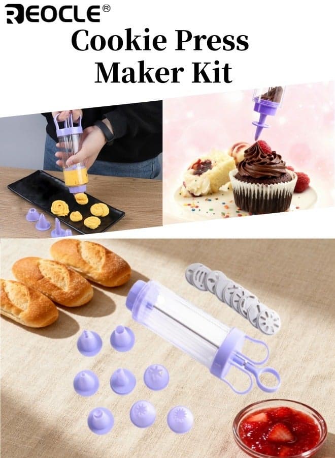 Cookie Press Maker Kit with 8 Moulds and 9 Nozzles Stainless Steel Cookie Press Baking Tools for DIY Biscuit Maker Cake Decorating and Holiday Baking for Home Bakers