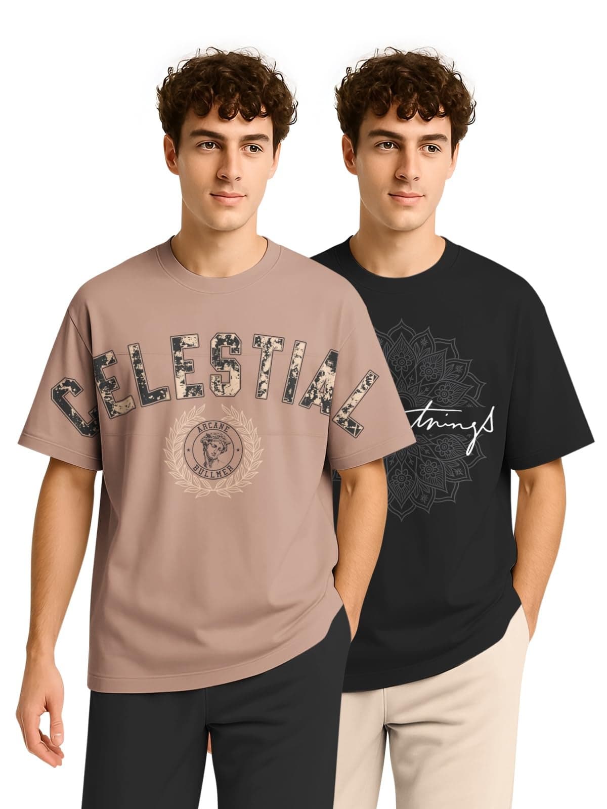 BULLMER Trendy Half Sleeve Oversized Cotton Blend Crew Neck Tshirt for Men - Pack of 2 Brown/Black XX-Large