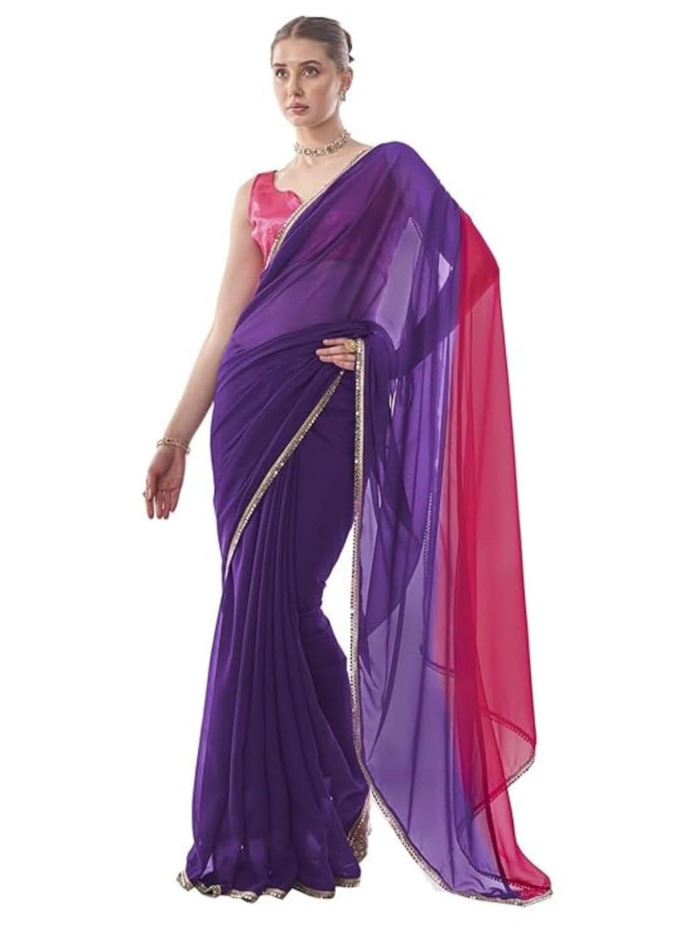 ORHANS Women's Georgette Two-Tone Saree With Mirror Work Lace Border || Designer Saree For Wedding, Festival, Reception & Special Occasions || Includes Art Silk Blouse Piece