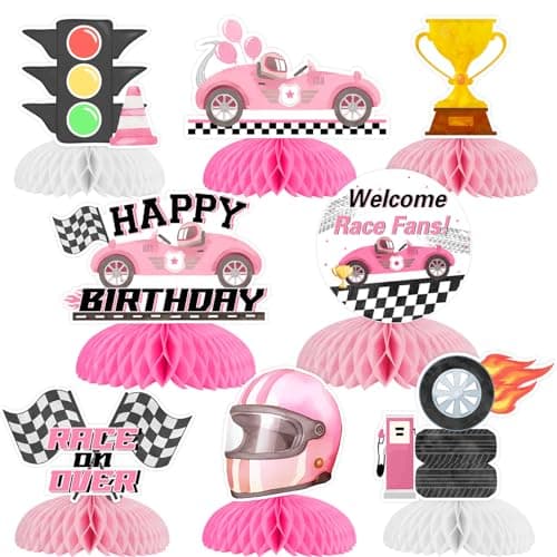 Pink Racing Car Birthday Party Decorations for Girls 8PCS Race Car Honeycomb Centerpieces Vintage Retro Lets Go Racing Race on Over Welcome Race Fans Birthday Party Decorations