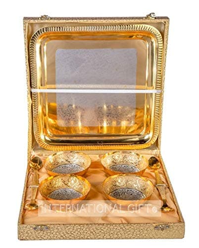 INTERNATIONAL GIFT® Golden Brass Four Bowl with Four Spoon and with Single Tray with Beautiful Velvet Box Packing with Carry Bag Uses for Dry Fruit | Chocolate | Sweet | HomeDecor
