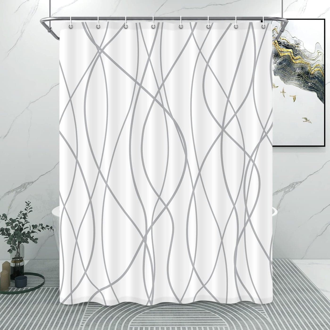 Punkray Grey and White Striped Polyester Shower Curtain for Bathroom with 8 Hooks Weighted Hem Waterproof Bath Accessories Hotel Style 54 x 72