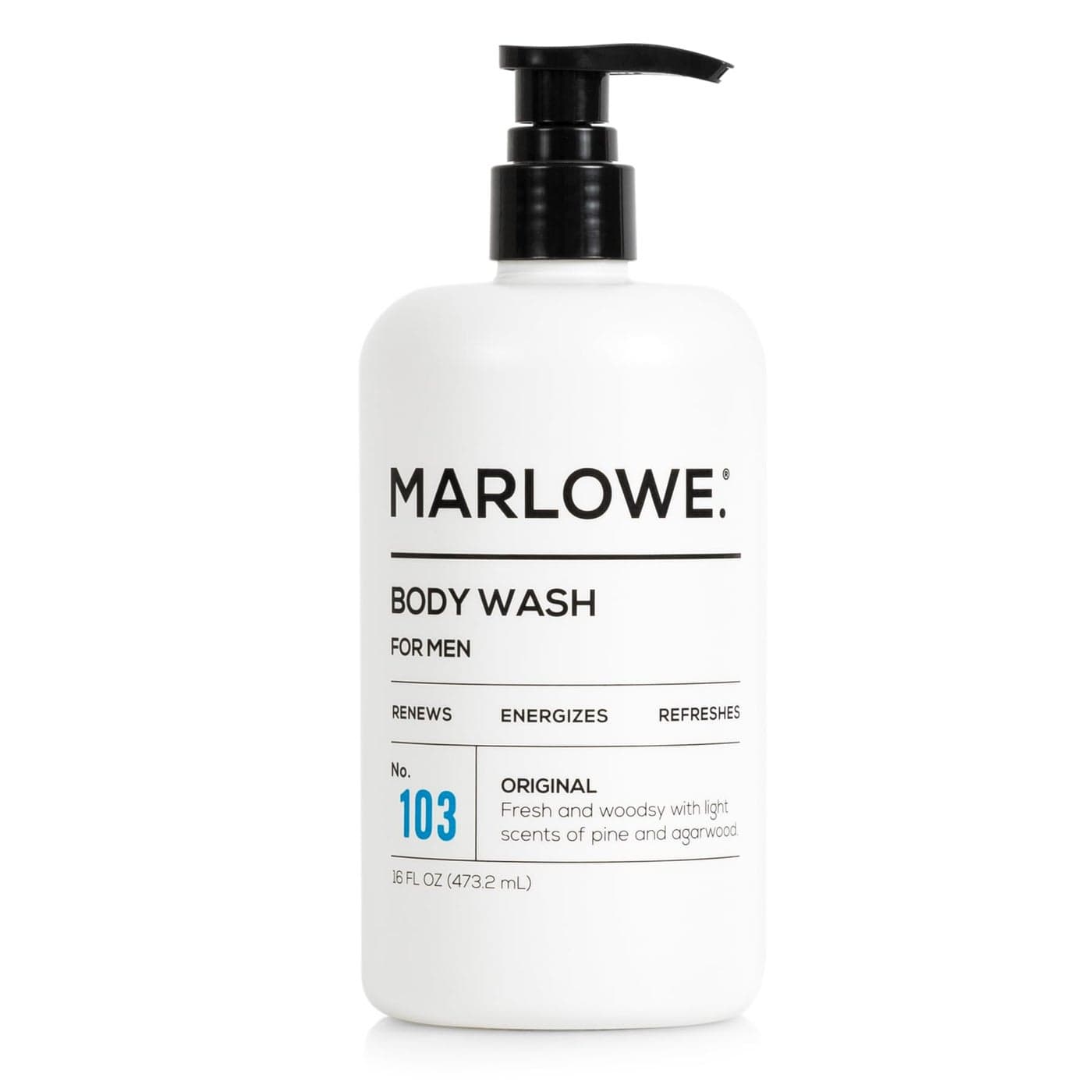 MARLOWE No 103 Body Wash 16 oz Pump Original Energizing Refreshing Shower Gel with Willow Bark Green Tea Extracts Cleanses Moisturizes Smooths Nourishes Fresh Pine Agarwood Scent