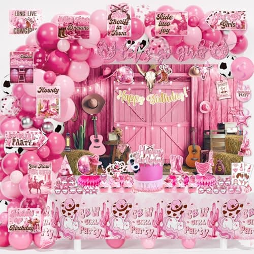 LXlucktim Cowgirl Party Decorations 144 Pcs Pink Cowgirls Cow Girl Bday Party Decor Supplies for Girls Backdrop Banner Tablecloths Centerpieces Paper Glasses Hat Stickers Wall Signs