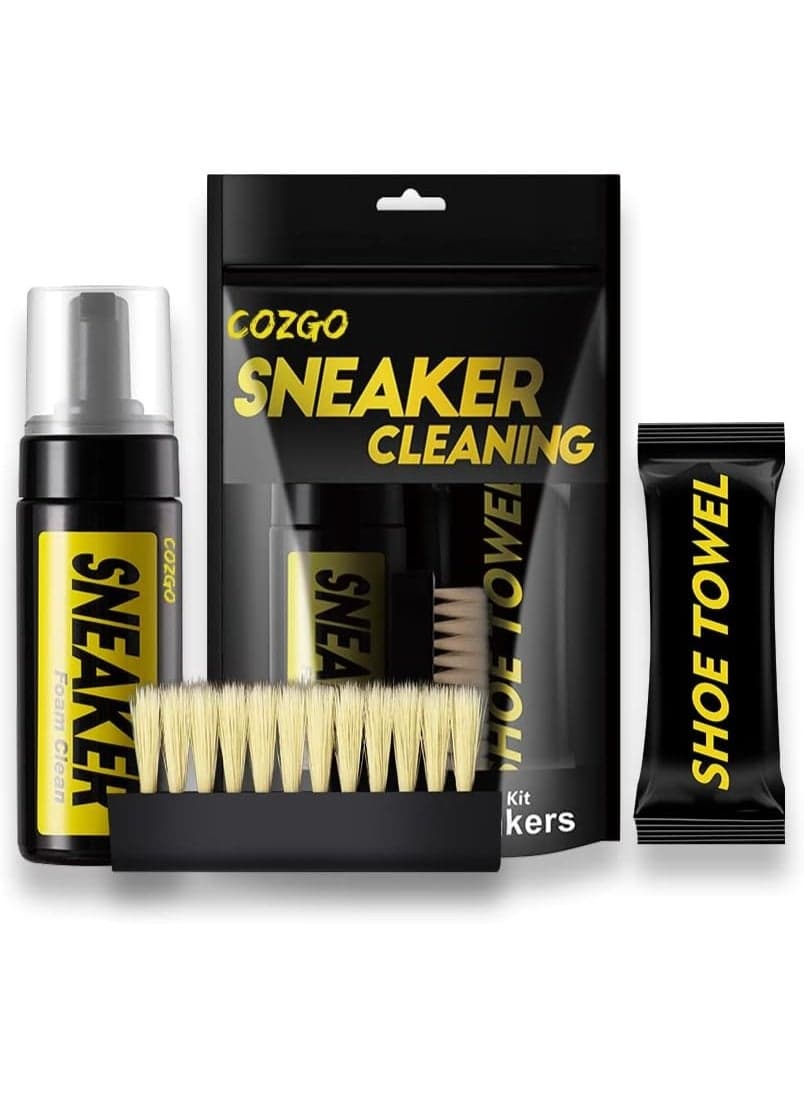 Premium Sneaker Cleaning Kit – Foam Cleaner, Dual Brushes & Microfiber Towel (Hands-on Foam Formula for Leather, Canvas, Knit)