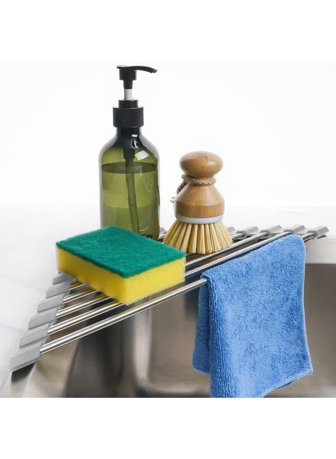 Triangle Roll-Up Dish Drying Rack for Sink Corner Small Foldable Stainless Steel Over The Sink Multipurpose Kitchen Drainer Caddy Organizer Storage Space Saver Shelf Holder (Gray)