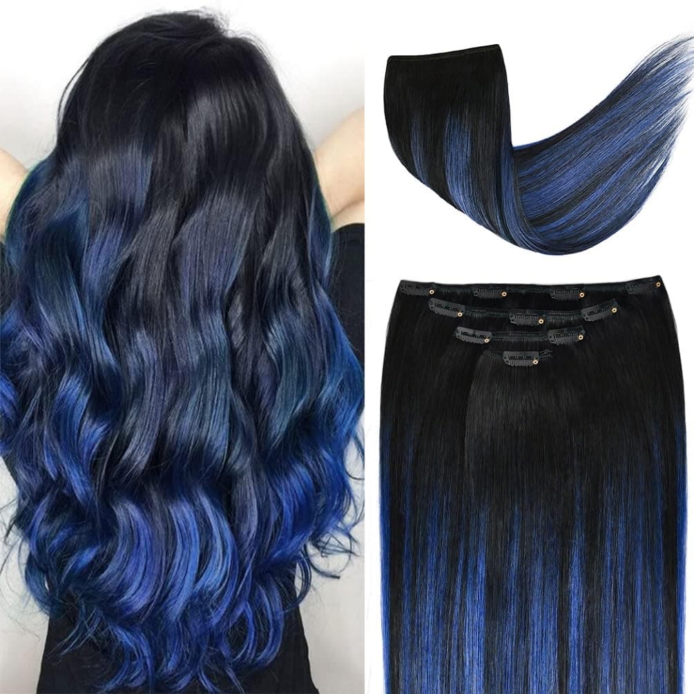 20 Clip in Hair Extensions Remy Human Hair Blue Balayage for Women Silky Straight 100 Real Human Hair 75rams 4pieces 1BBlue T1B Color