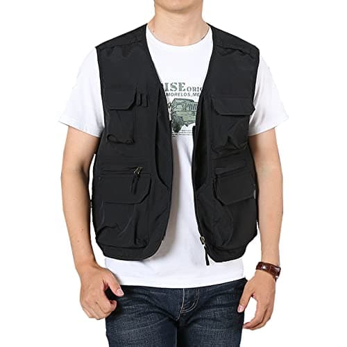 Perbai Mens Black Utility Fishing Vest Outdoor Summer Lightweight Work Photo Safari Cargo VestBlackS