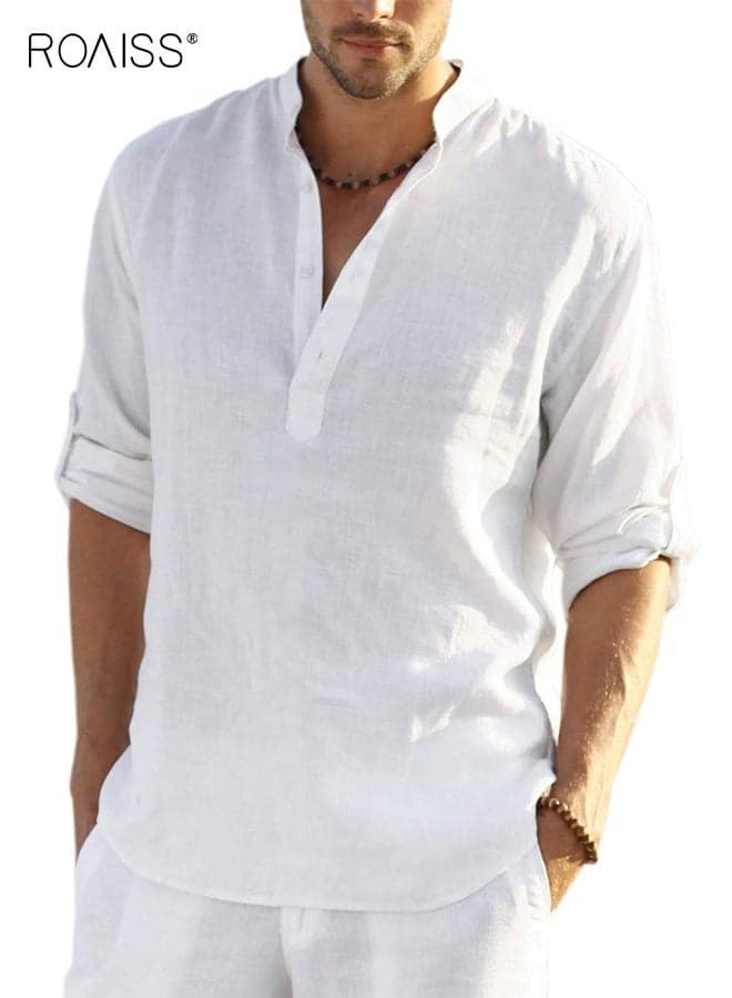 Men's Cotton Linen Shirt Long Sleeve Hippie Casual Beach T Shirts Solid Color Shirt Loose Stand Collar Shirt Breathable Pullover Button Decoration Blouse White