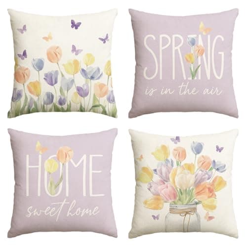 AVOIN colorlife Spring is in The Air Tulip Vase Throw Pillow Covers 18 x 18 Inch Home Sweet Home Butterfly Purple Cushion Case Decoration for Sofa Couch Set of 4