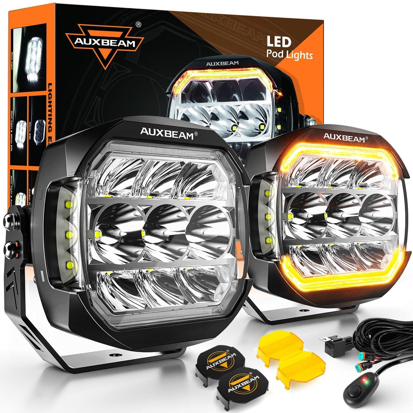 Auxbeam XPUltra Series 5 Offroad LED Pod Lights 270 Side Shooter Amber White DRL Turn Signal 174W 20400LM Spot Flood Combo Driving Fog Light Bar with Dual Color Protective Covers Pair