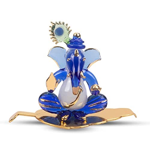iCraft God Ganesh Sitting with Leaf Statue (Murti) Idol Showpiece Handmade of Crystal Glass for Worship, Decoration, Car Dashboard, Gift (Golden Leaf), Small