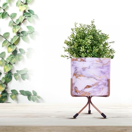 CINAGRO Metal Flower Vase Planter Pot with Iron Stand, Pots for Plants, Plant Pots for Home Decoration, Succulent Pot, Indoor Planter Garden Décor Style: Marble Mirage White