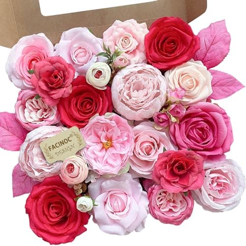 FACINOC Roses Artificial Flowers Pink Fake Flower Bulk for DIY Wedding Bouquets Bridal Baby Shower Decorations Table Centerpiece Silk Faux Floral Arrangements for Party Home Decor Indoor Fuchsia