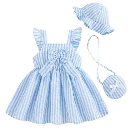Renotemy Baby Girl Dresses 6-9 Months Infant Girls Ruffle Flutter Sleeve Big Bowknot Boho Blue Striped Sundress Gifts for Girls 9-12 Months Spring Summer Party Dress Clothes Outfits with Hat and Bag