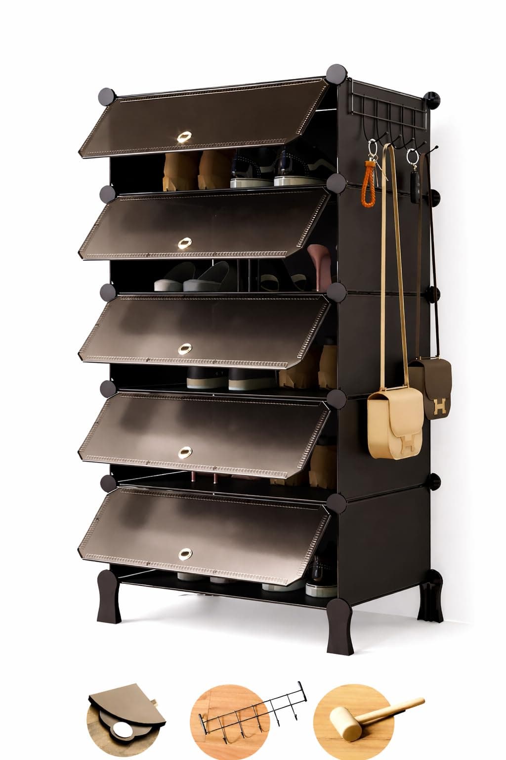 HEMOVIA Plastic Shoe Rack for Home | 𝟓 𝐒𝐡𝐞𝐥𝐟 DIY Shoe Rack with Door for Home Storage Plastic Box Organizer, Metal Door Frame, Chappal Slipper Sandals Stand (HU2-Black, 5-Shelf-5-Door)
