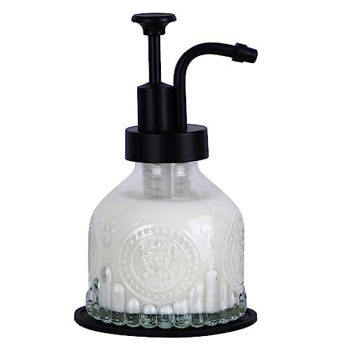 Glass Soap Dispenser for Kitchen and Bathroom Countertop, Smooth Action Pump Refillable Wash Hand Liquid, Dish Detergent, Farmhouse Style with Cylindrical Shape Shampoo Lotion Pump