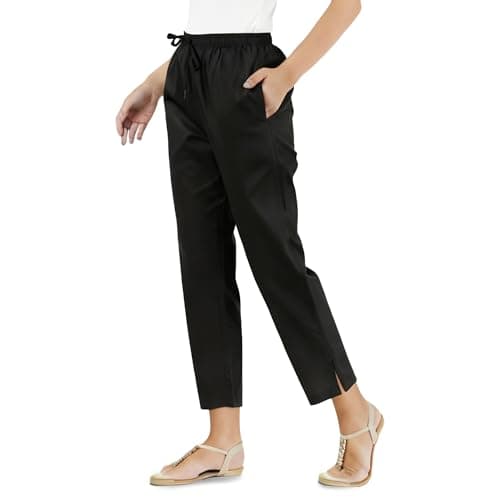 Happy Bunny Parallel Pants for Women 100% Cotton Ankle Length Trousers Regular Fit with Elastic Drawstring Stylish & Pockets Casual Formal Wear for Office & Home (XL, Black)