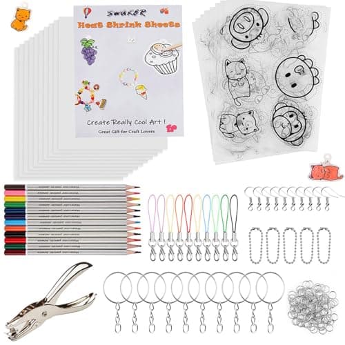 SWAKER Shrinky Plastic Sheets Keychain Kit 166 Pcs with 10 Pcs Shrink Art Paper 8 Pcs Patterned Shrinky Plastic Paper Hole Punch Keychains Pencils for Crafts and DIY Keychains