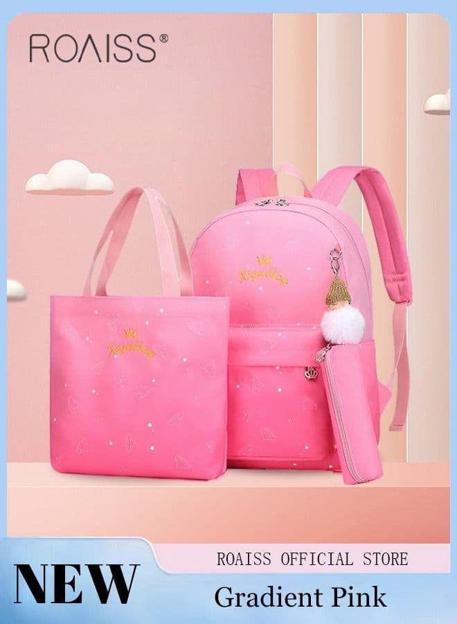 3pcs Starry Sky Printing Cute Functional Backpack Set Large Capacity Schoolbag and Shoulder Bag and Pencil Case with Doll Pendant for Kids/Girls Waterproof Large Capacity School Bag