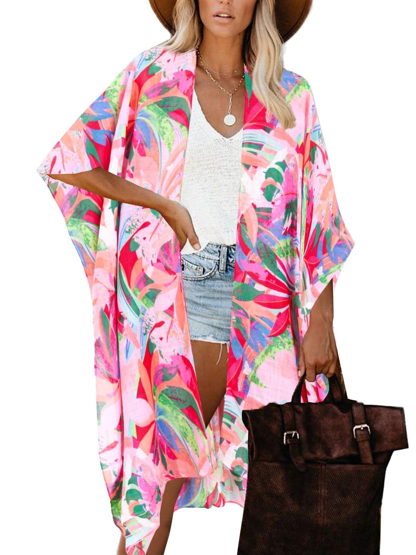Moss Rose Women's Beach Cover up Swimsuit Kimono Cardigan with Bohemian Floral Print Multicolor