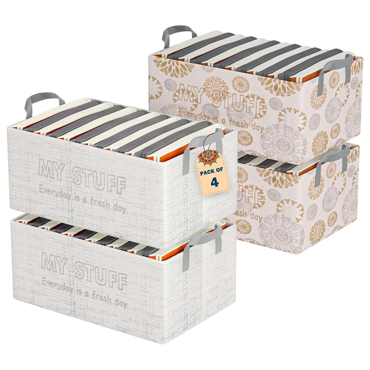 Urbane Home Pack of 4 Foldable NonWoven Storage Box for Clothes Dress Towel Organiser for Wardrobe Collapsible Container Basket Grey White