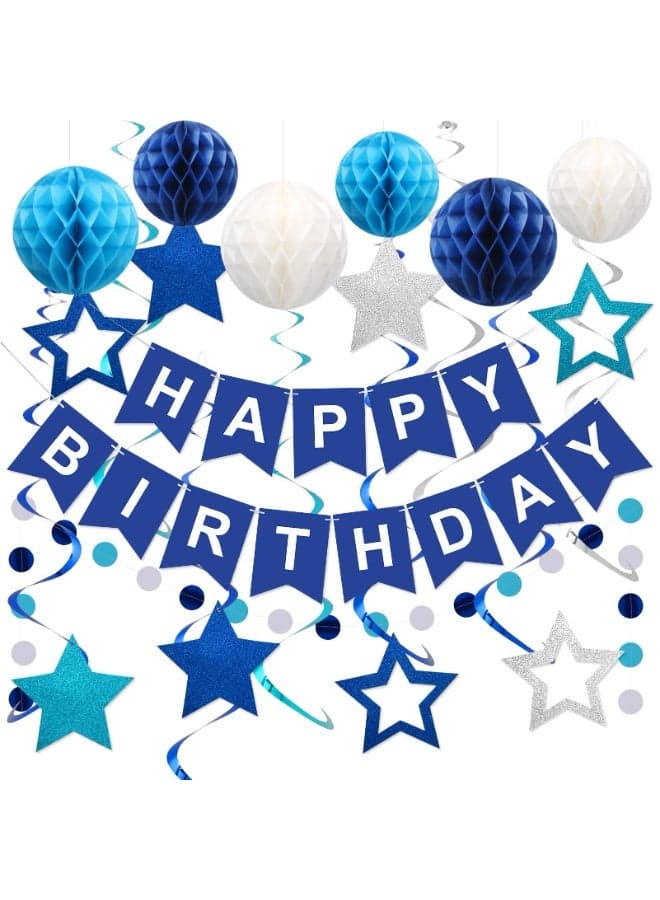 16PCS Blue Birthday Decorations, Happy Birthday Banner with Honeycomb Balls, Birthday Set: 1 Banner+6 Honeycomb Balls+8 Star Spirals+1 Circle Dots, Birthday Party Supplies For Men Boys Women Girls, Happy Birthday Decor