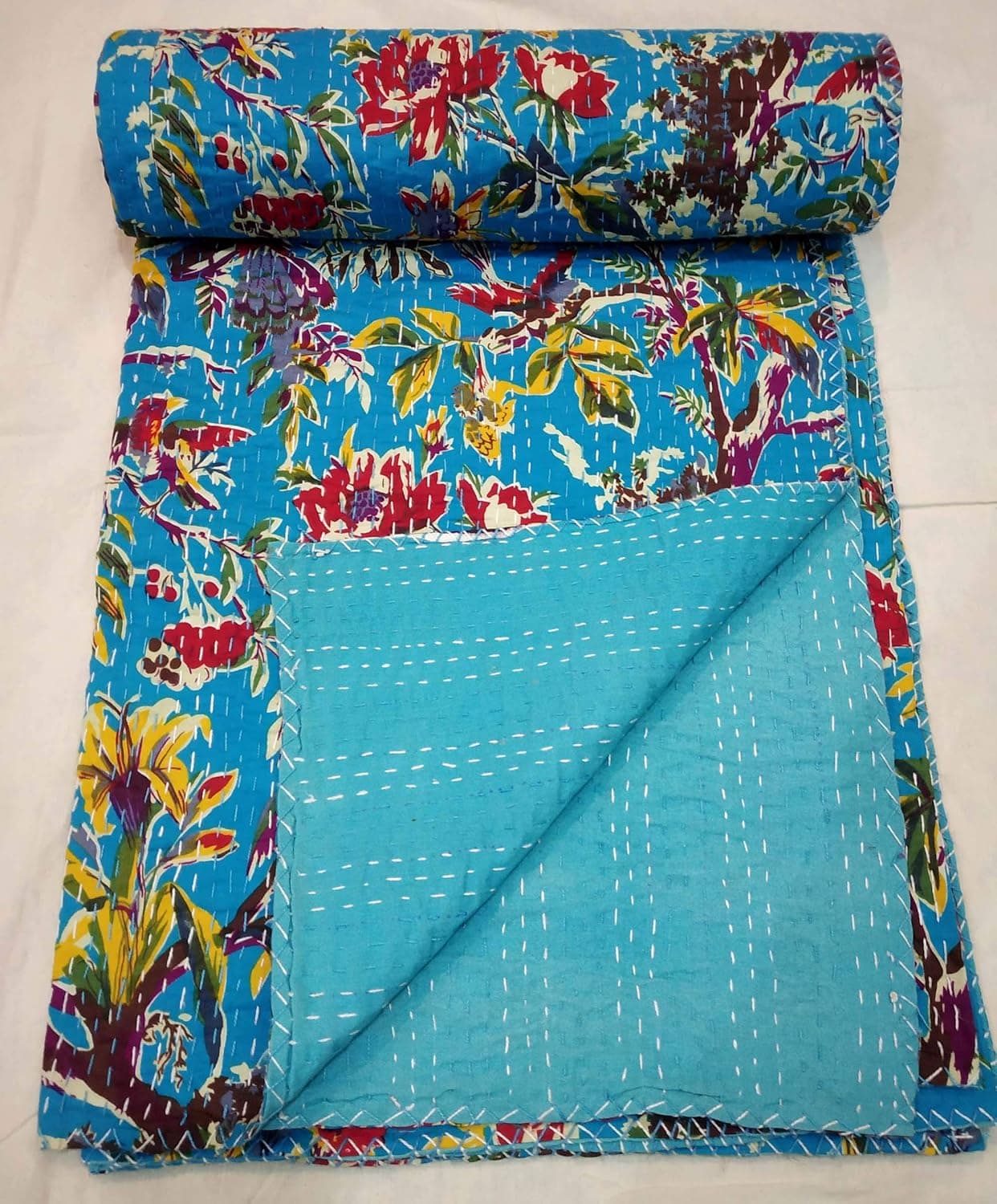 Kirti Textile and Handicraft Hand Block Printed Jaipuri Paisley Cotton Kantha Coverlet Quilt Queen Multicolor TC 60