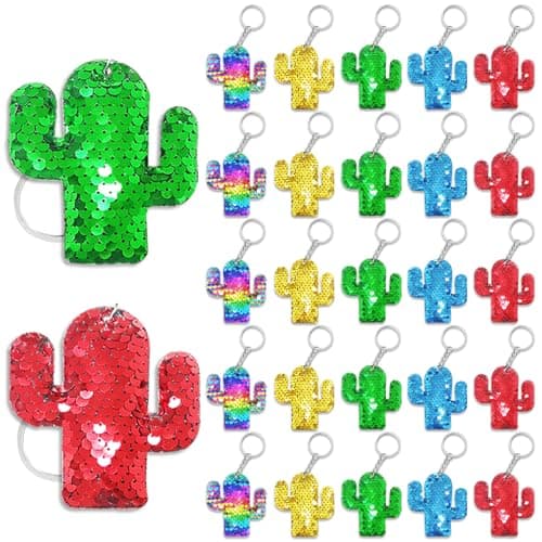 CiciBear 25 Pack Cactus Sequin Keychains for Cactus Mexican Fiesta Tropical Hawaiian Summer Themed Party Favors Kids and Adults Birthday Gift Baby Shower Party 5 Colors