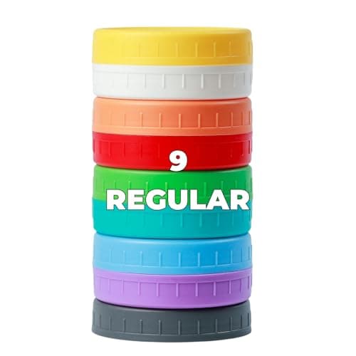 Bedgeta 9Pcs Mason Jar Lids, Regular Mouth Plastic Mason Lids, Leak Proof Canning Lid with Silicone Ring for Ball, Kerr and More, Reusable Can Tops, Colored Caps Covers for Jars