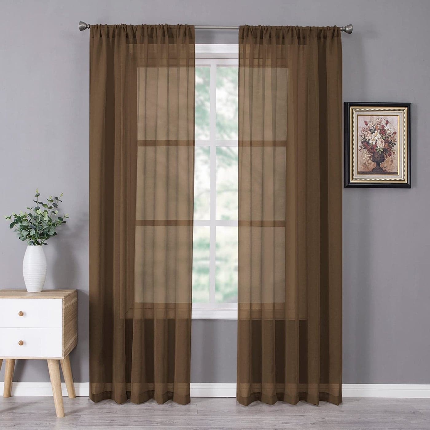 Tollpiz Sheer Curtain Linen Textured Living Room Curtains Sheer Light Filtering Rod Pocket Voile Curtain for Bedroom 54 x 72 inches Long Brown Set of 2 Panels