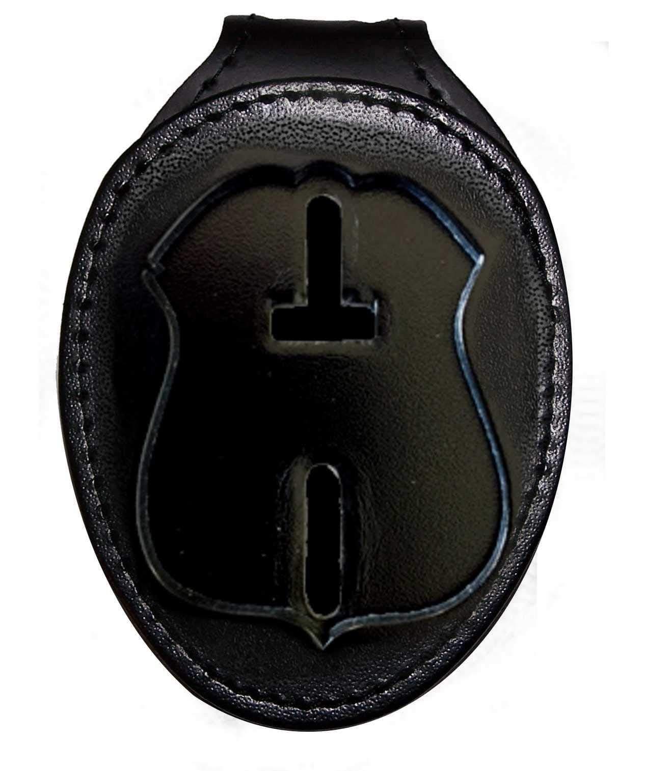 Perfect Fit Shield Wallets Detroit Police Belt Clip Badge Holder with Pocket and Chain (Cutout PF187, 2.6 inches tall), Black, One Size