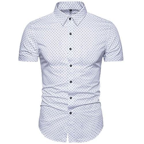MUSE FATH Men's Printed Dress Shirt-Cotton Casual Short Sleeve Shirt,Button-Down Wedding Dress Shirt-White-S