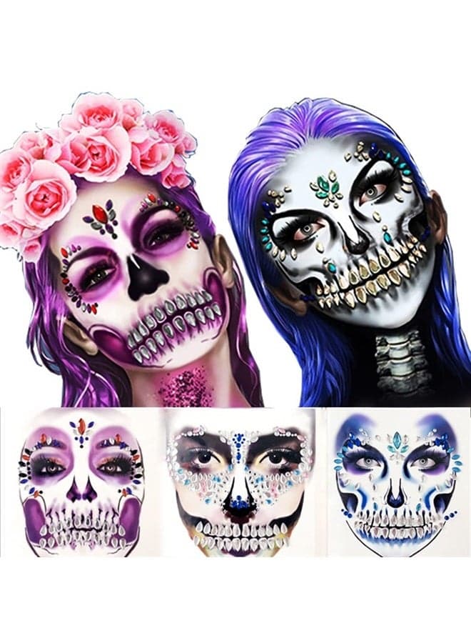 Shrine Skeleton Face Jewels Day of the Dead Face Gems Tattoo,Halloween Temporary Face Tattoos,Rhinestone Face Jewels Tattoo Stickers,Crystals Catrina Gems Stick on Face Halloween Face Decals,3-Pack