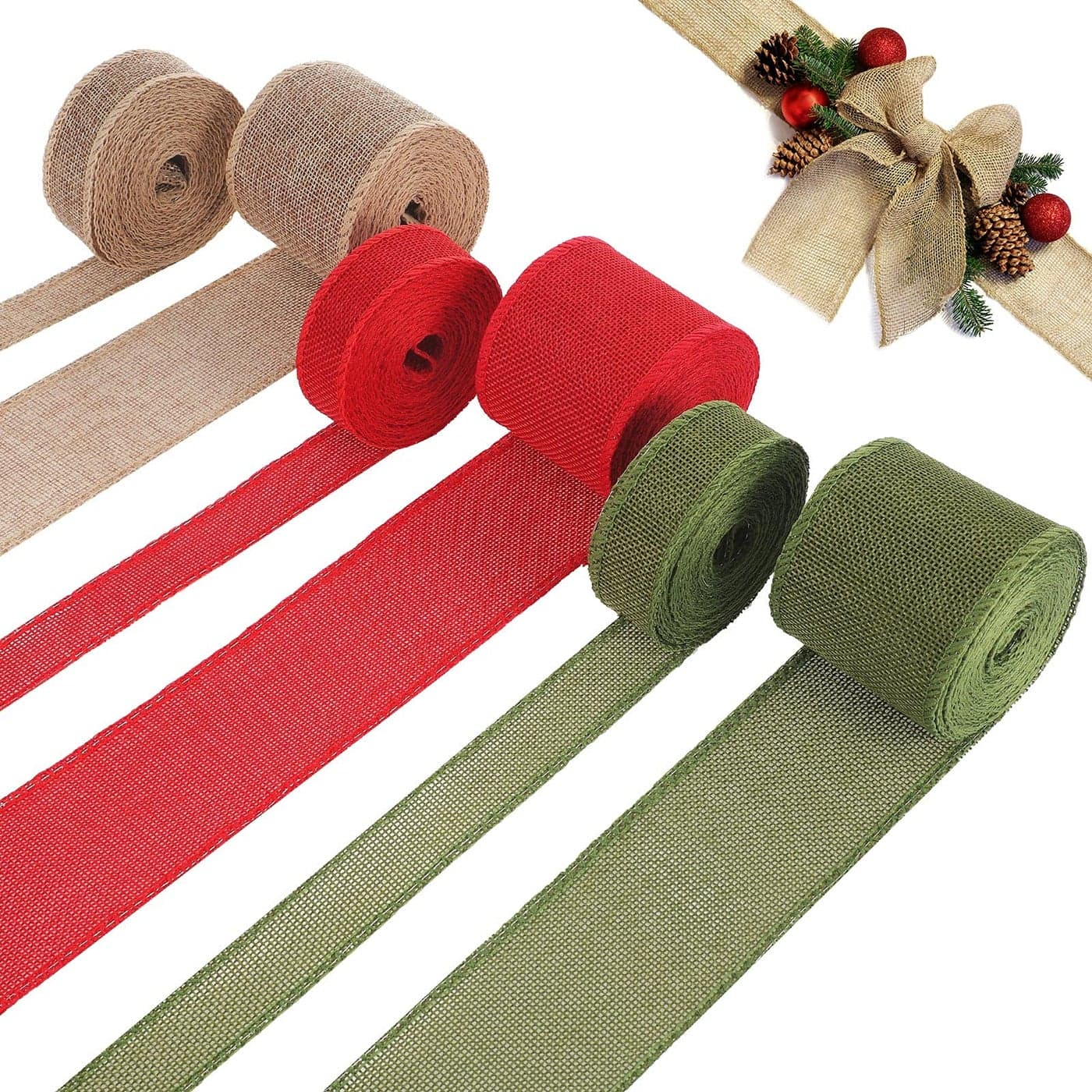 WILLBOND 6 Rolls 33 Yards Christmas Burlap Ribbon Fabric Wired Edge Green Red Natural Wrapping Ribbon Xmas Craft Farmhouse Decorative for DIY Christmas Holiday Decor 2 Inch 1 Inch1 24