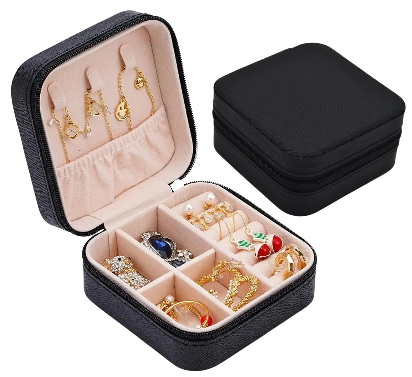 Lazer Accessories Jewellery Organiser PU Leather Zipper Square Portable Mini Square Storage Box Case with Dividers Container for Rings, Earrings, Necklace Home Organizer | Black