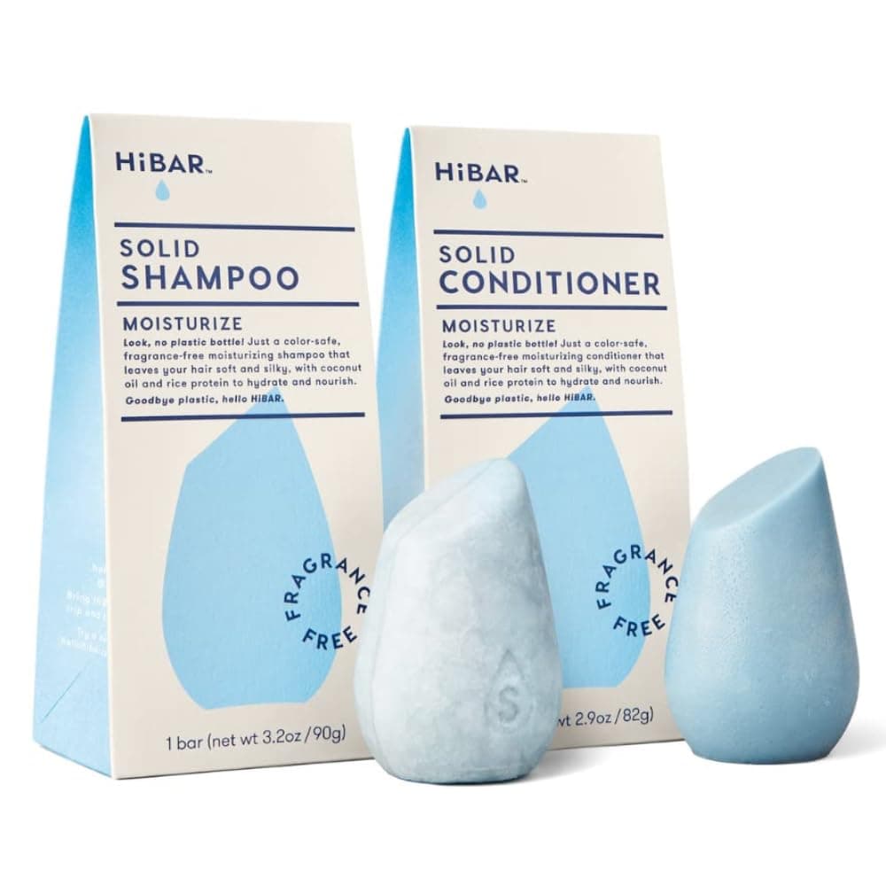 HiBAR Moisturize FragranceFree Shampoo Conditioner Set For Dry Frizzy Hair Nourish Hydrate Coconut Oil Vitamin B5 Plastic Soap Paraben SulfateFree Color Safe Vegan 2 Solid Bars