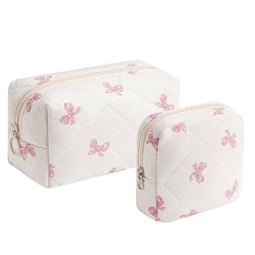 RSRSLEII 2 Pcs Quilted Cotton Makeup Bag Set Small Aesthetic Cosmetic Bag with Bow Pattern Cute Makeup Pouch for Purse Kawaii Trendy Preppy Travel Toiletry Bag for Women and Girls19 Pink Bow Set