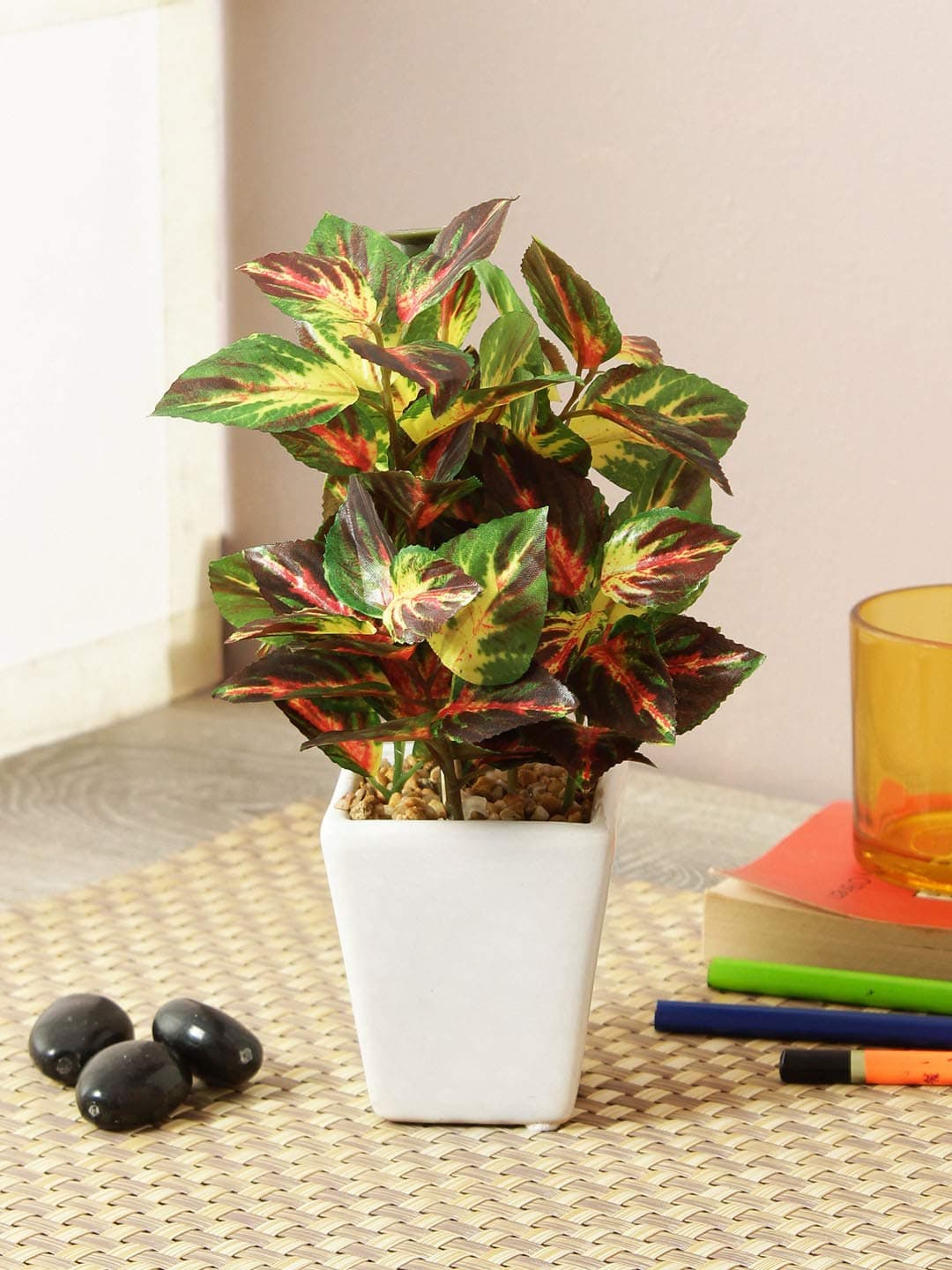 Fourwalls Artificial Hypoestes Artificial Plants in a Ceramic Pot for Home Office Decor (19 cm, 72 Leaves, Multicolor)